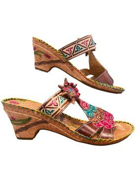 Elite By Corkys Navajo Pink Turquoise Native Boho Slip On Sandal Shoes Womens 9